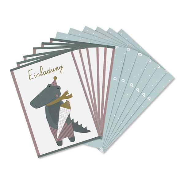 Einladungskarten-Set "Einladung" Krokodil mit Schultüte
