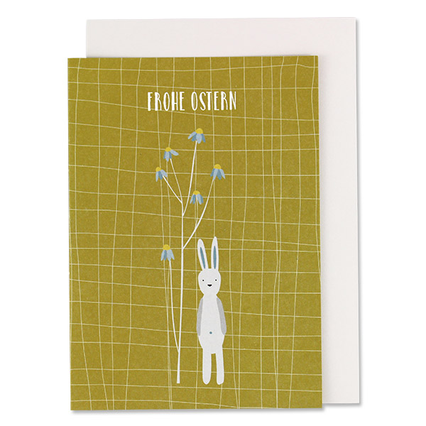 Ostergrußkarte "Frohe Ostern" Hase stehend, senf